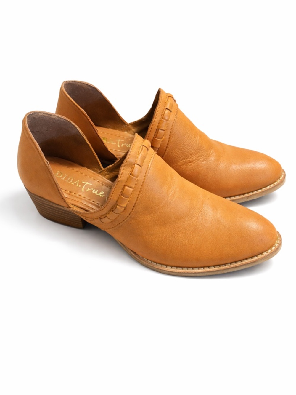 Diba True Cognac Leather Woven Trim Ankle Booties Like New